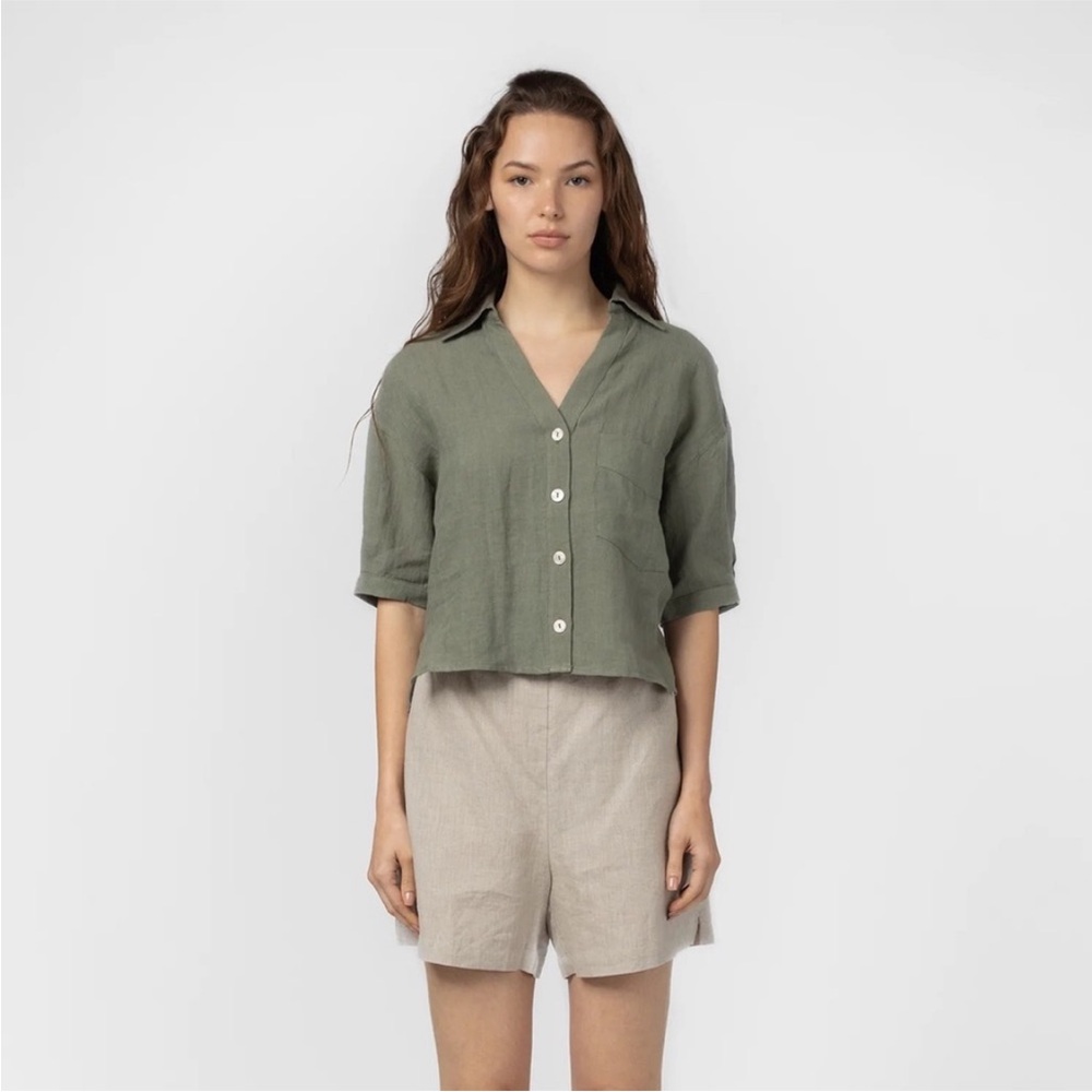 MOD REF 100% Linen Juniors Top Olive Cropped Top Half Sleeves Lagenlook